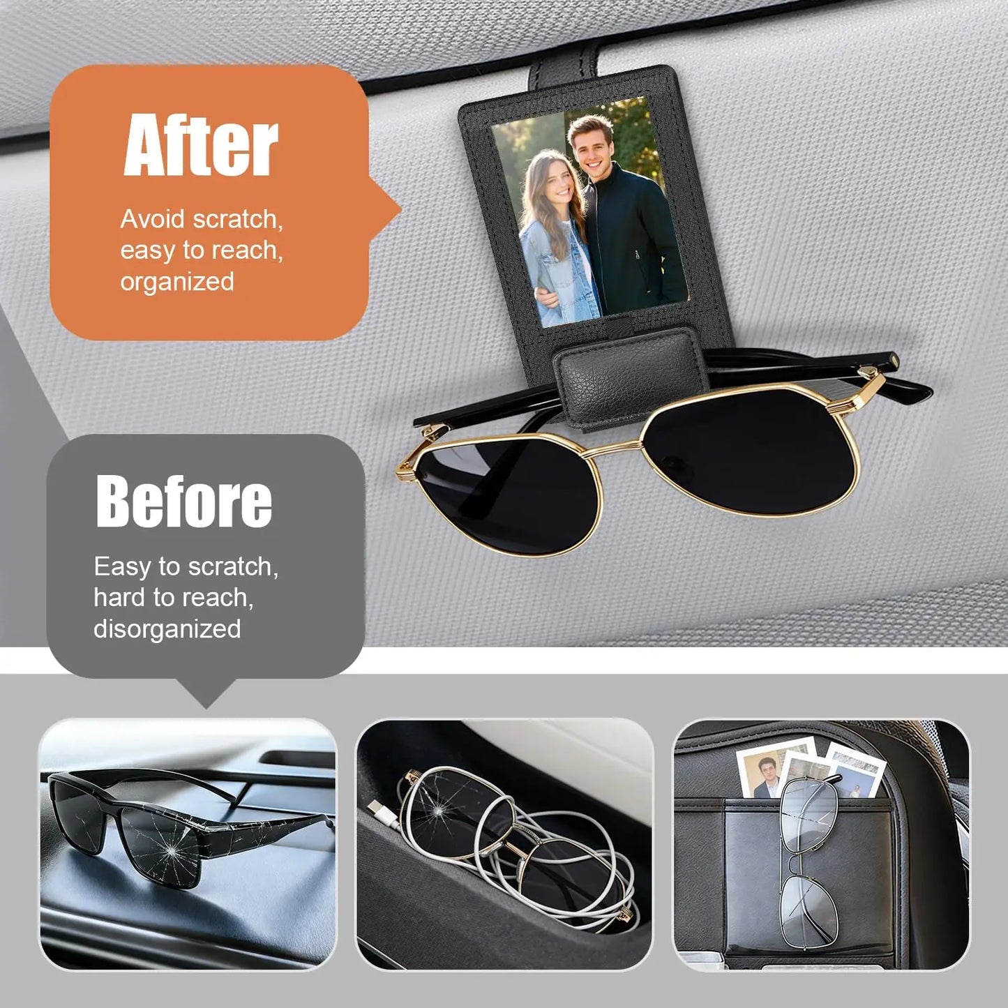 Car Sun Visor Sunglasses Holder with Photo/ID Card Slot PU Leather Glasses Clip Anti-fall anti-slip car sun visor accessories