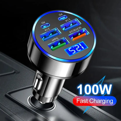 250W PD Car Charger QC3.0 Fast Charge two to Six Port Car Cigarette Lighter Plug Car Charger Flash Charge with Digital Display